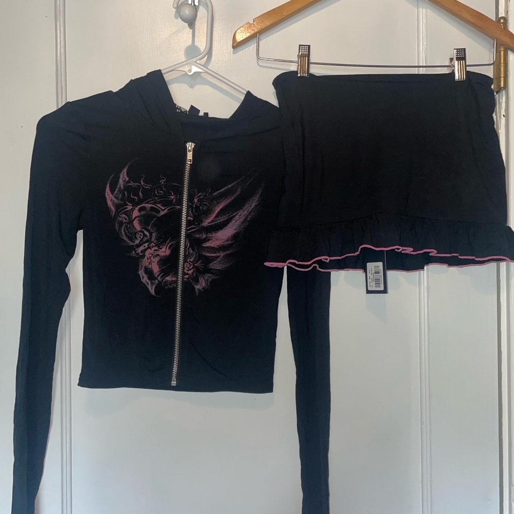 Black and Pink Zip-Up Hoodie and Skirt Set